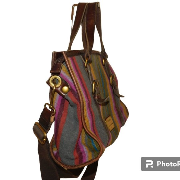 Fossil Striped Wool & Leather Crossbody Handbag Purse - Picture 4 of 13